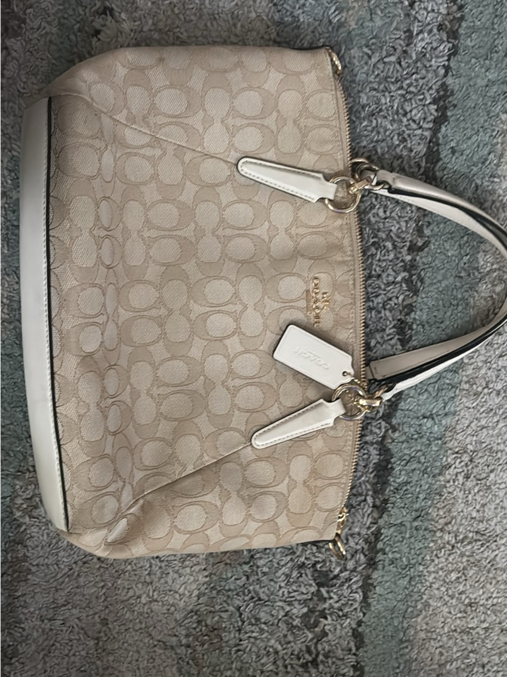Coach Beige Signature Satchel with White Trim